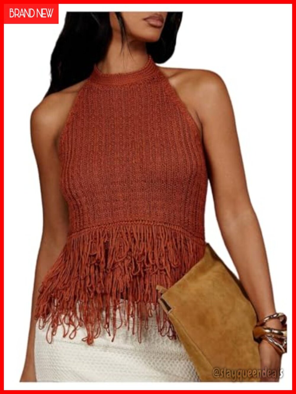 Fringe Trim Sleeveless Knitted Halter Sweater Vest Going Out Top